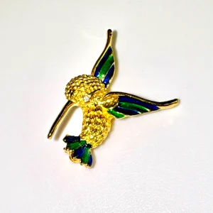 Vtg Green & Blue Enameled Humming Bird In Flight Rhinestone Eye Brooch