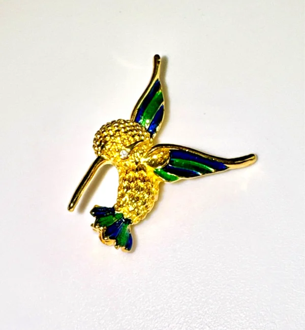 Vtg Green & Blue Enameled Humming Bird In Flight Rhinestone Eye Brooch