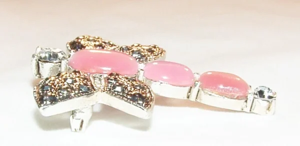 Vtg Silver Tone Dragonfly Brooch w/ Pink Cat's Eye Cabochons - Image 3