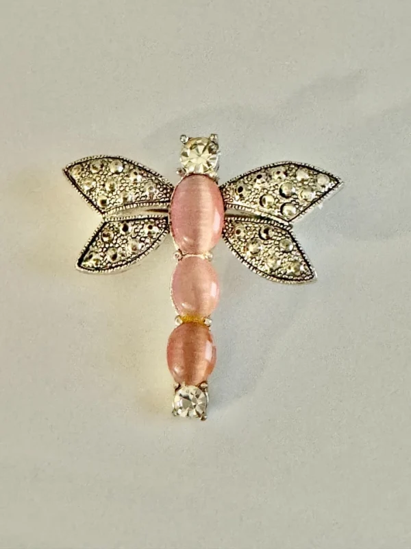 Vtg Silver Tone Dragonfly Brooch w/ Pink Cat's Eye Cabochons - Image 2