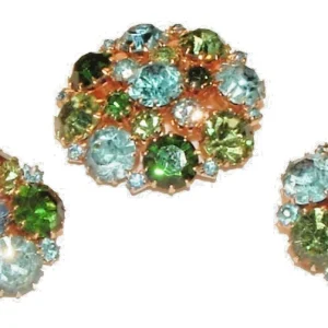 ARKE Blue Green Brooch & Earring Set Demi Parure