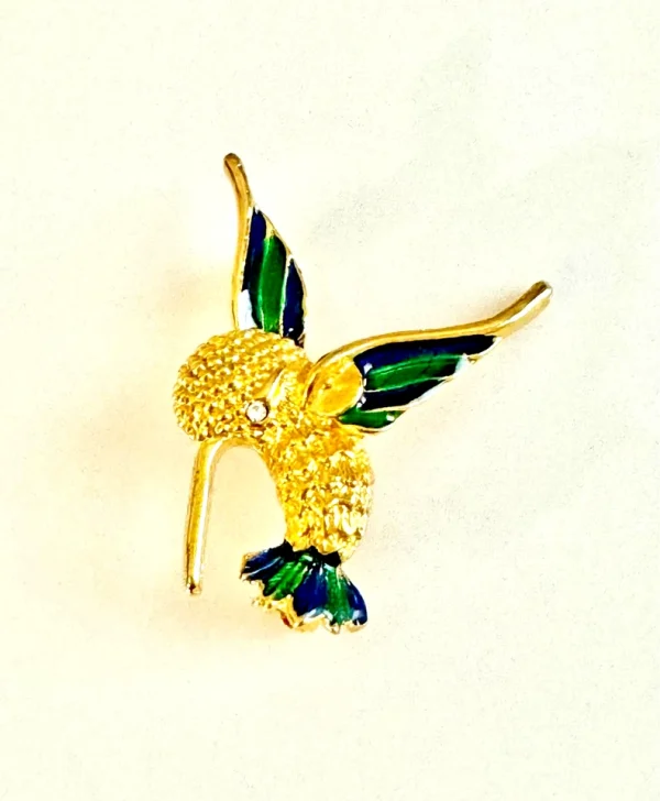 Vtg Green & Blue Enameled Humming Bird In Flight Rhinestone Eye Brooch - Image 2