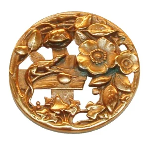 Vtg Horseradish Flowers & Lizard on Fence Circle Openwork Elven Style Brooch