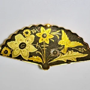 Vtg Damascene Floral Bird FAN Shaped Spanish Brooch Pin