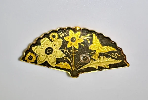 Vtg Damascene Floral Bird FAN Shaped Spanish Brooch Pin