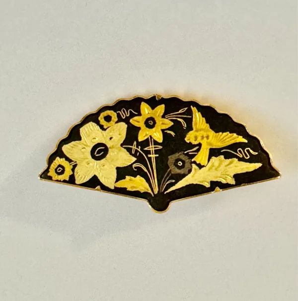 Vtg Damascene Floral Bird FAN Shaped Spanish Brooch Pin - Image 2