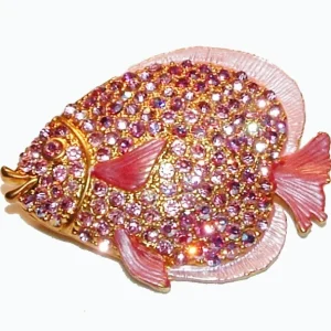 Vtg Pavé Pink Rhinestones TROPICAL FISH Brooch Gold Tone