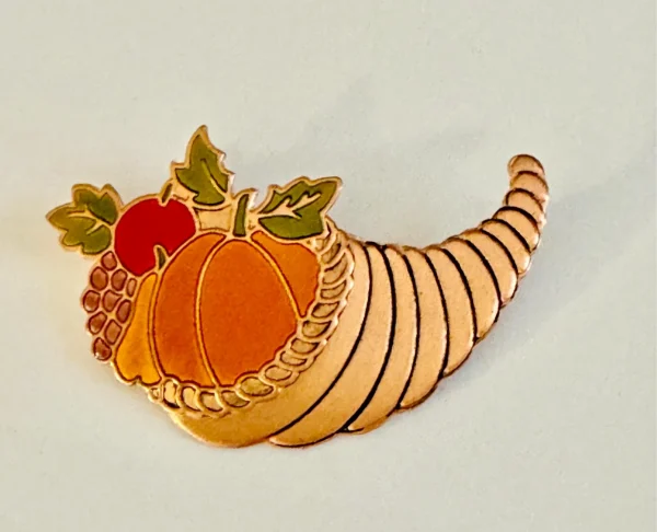 Vtg Cornucopia Fall Harvest Enamel on Copper Brooch