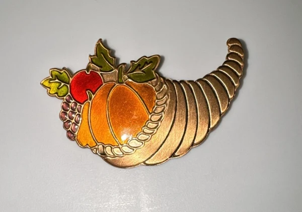 Vtg Cornucopia Fall Harvest Enamel on Copper Brooch - Image 2
