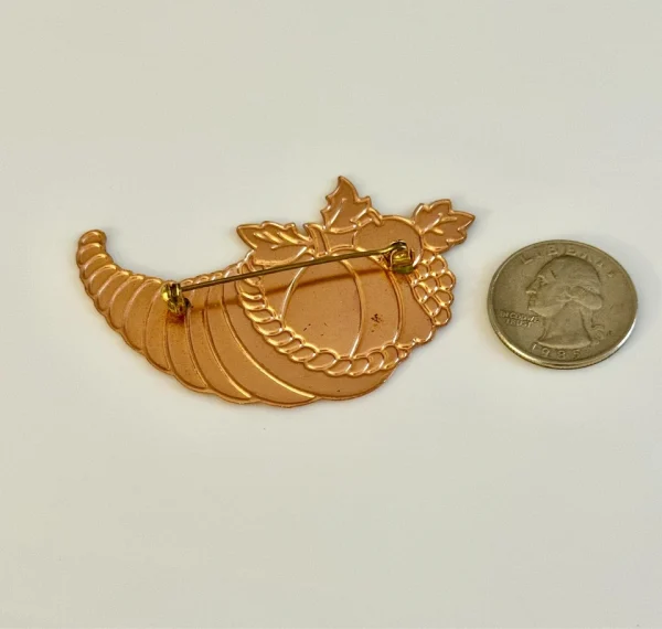 Vtg Cornucopia Fall Harvest Enamel on Copper Brooch - Image 3