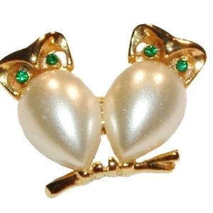 Vtg Owls Brooch Pin Faux Pearl Belly Rhinestone Eyes Jewelry Bird