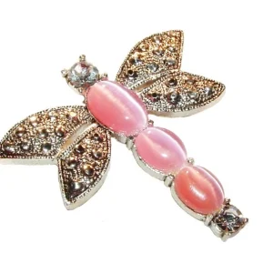 Vtg Silver Tone Dragonfly Brooch w/ Pink Cat's Eye Cabochons