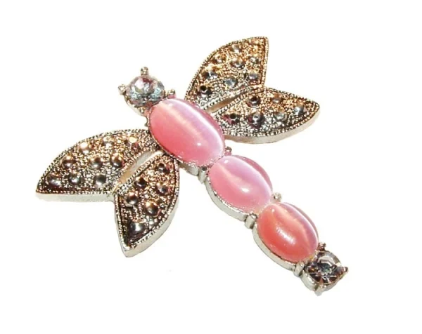Vtg Silver Tone Dragonfly Brooch w/ Pink Cat's Eye Cabochons