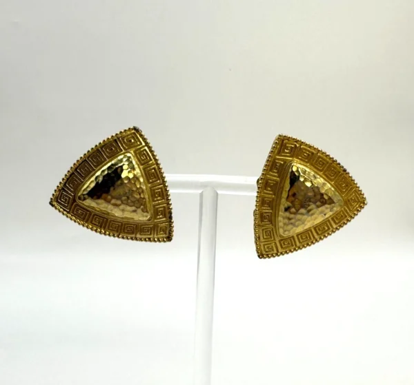 Vtg Whiting & Davis Gold Tone Earrings w/Greek Key Meander & Hammered Pattern