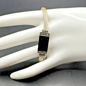 Marcasite Black Onyx Sterling Silver Mesh 6.5" Bracelet Signed SU 925 Thailand
