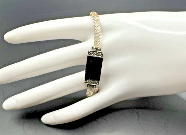 Marcasite Black Onyx Sterling Silver Mesh 6.5" Bracelet Signed SU 925 Thailand