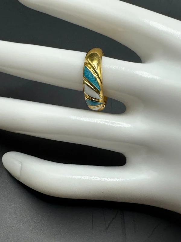 Gold Tone COP 89 Castings On Parade White Enamel & Inlaid Turquoise Ring Sz 7.25 - Image 2