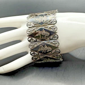Antique Siam Sterling Amfarco Dancers 6-3/4" Panel Bracelet 61 grams