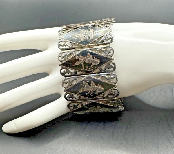 Antique Siam Sterling Amfarco Dancers 6-3/4" Panel Bracelet 61 grams