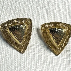 Vtg Whiting & Davis Gold Tone Earrings w/Greek Key Meander & Hammered Pattern