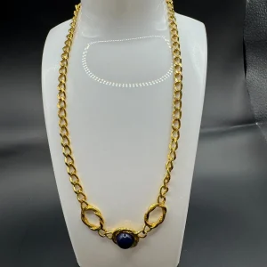 Vtg Monet Blue Pendant Chunky Gold Chain Station Link 18" Necklace