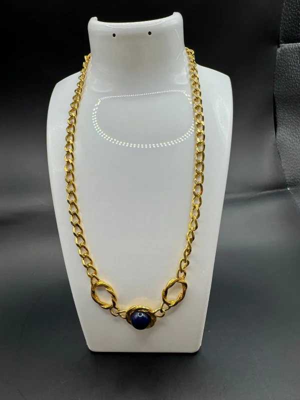 Vtg Monet Blue Pendant Chunky Gold Chain Station Link 18" Necklace