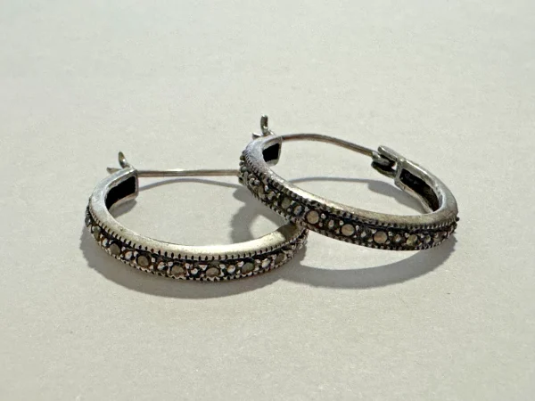 Vtg Sterling Silver and Marcasite Hoop Earrings Stamped 925 & Tested
