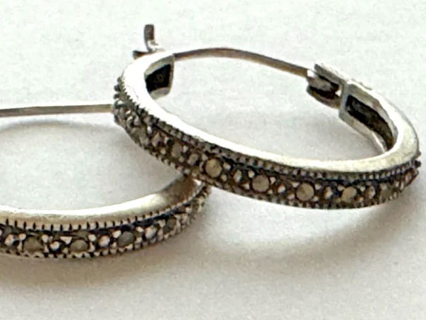Vtg Sterling Silver and Marcasite Hoop Earrings Stamped 925 & Tested
