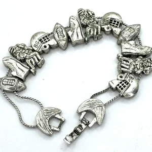 Vtg TOFA BG Football Charm Bracelet Silver Tone Slide Charms Dbl Chain 7.25"