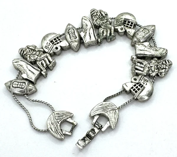 Vtg TOFA BG Football Charm Bracelet Silver Tone Slide Charms Dbl Chain 7.25"