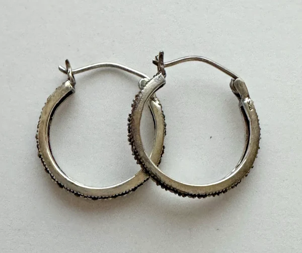 Vtg Sterling Silver and Marcasite Hoop Earrings Stamped 925 & Tested