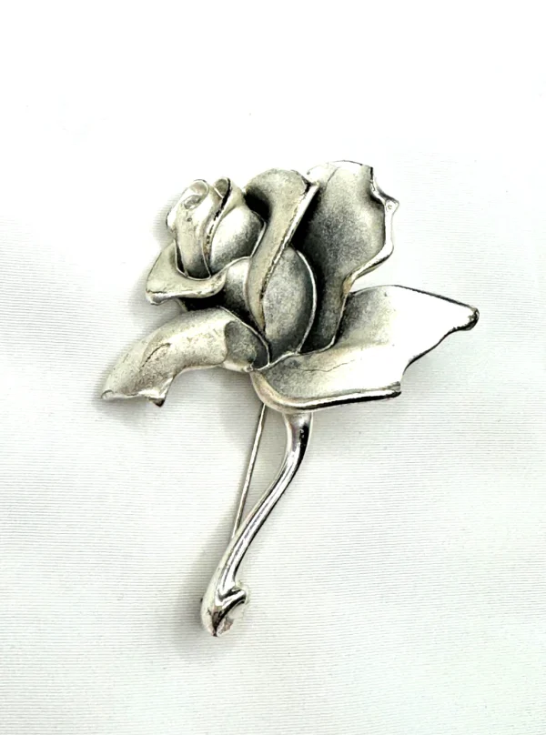 Vtg Rose Flower Napier Brushed Silver Toned Brooch Pin