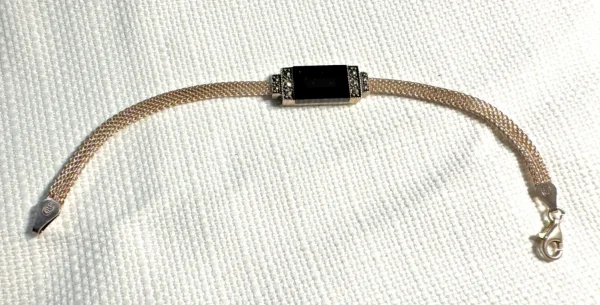 Marcasite Black Onyx Sterling Silver Mesh 6.5" Bracelet Signed SU 925 Thailand