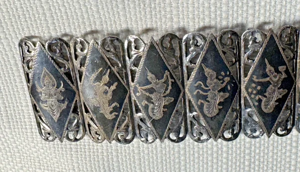 Antique Siam Sterling Amfarco Dancers 6-3/4" Panel Bracelet 61 grams