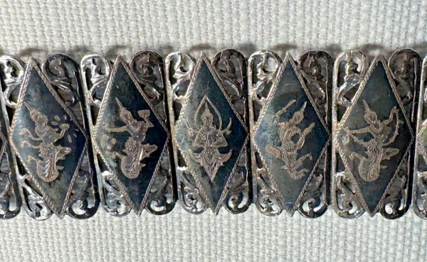 Antique Siam Sterling Amfarco Dancers 6-3/4" Panel Bracelet 61 grams