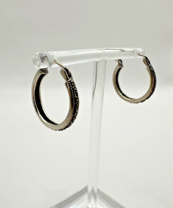 Vtg Sterling Silver and Marcasite Hoop Earrings Stamped 925 & Tested - Image 3