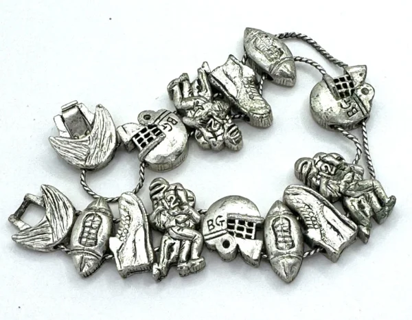 Vtg TOFA BG Football Charm Bracelet Silver Tone Slide Charms Dbl Chain 7.25"