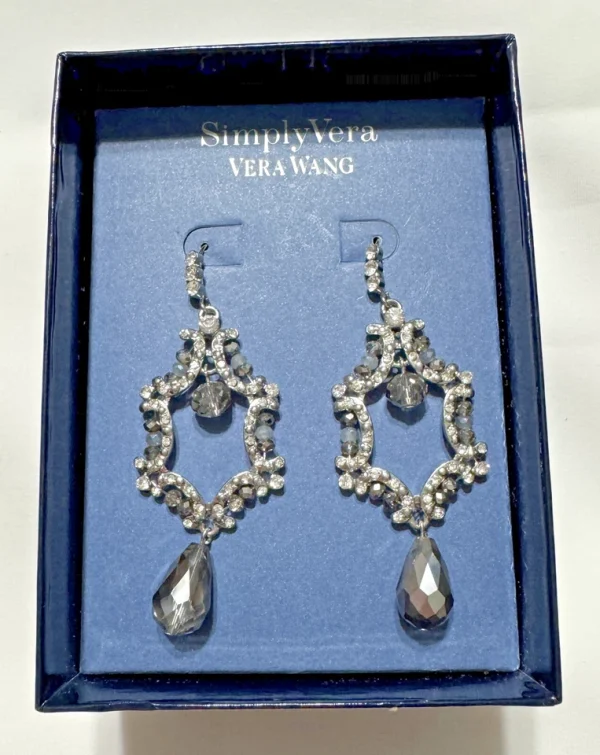 Simply Vera Wang Gunmetal Silver Tone Crystal Drop Chandelier Earrings New