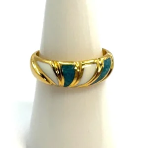 Gold Tone COP 89 Castings On Parade White Enamel & Inlaid Turquoise Ring Sz 7.25