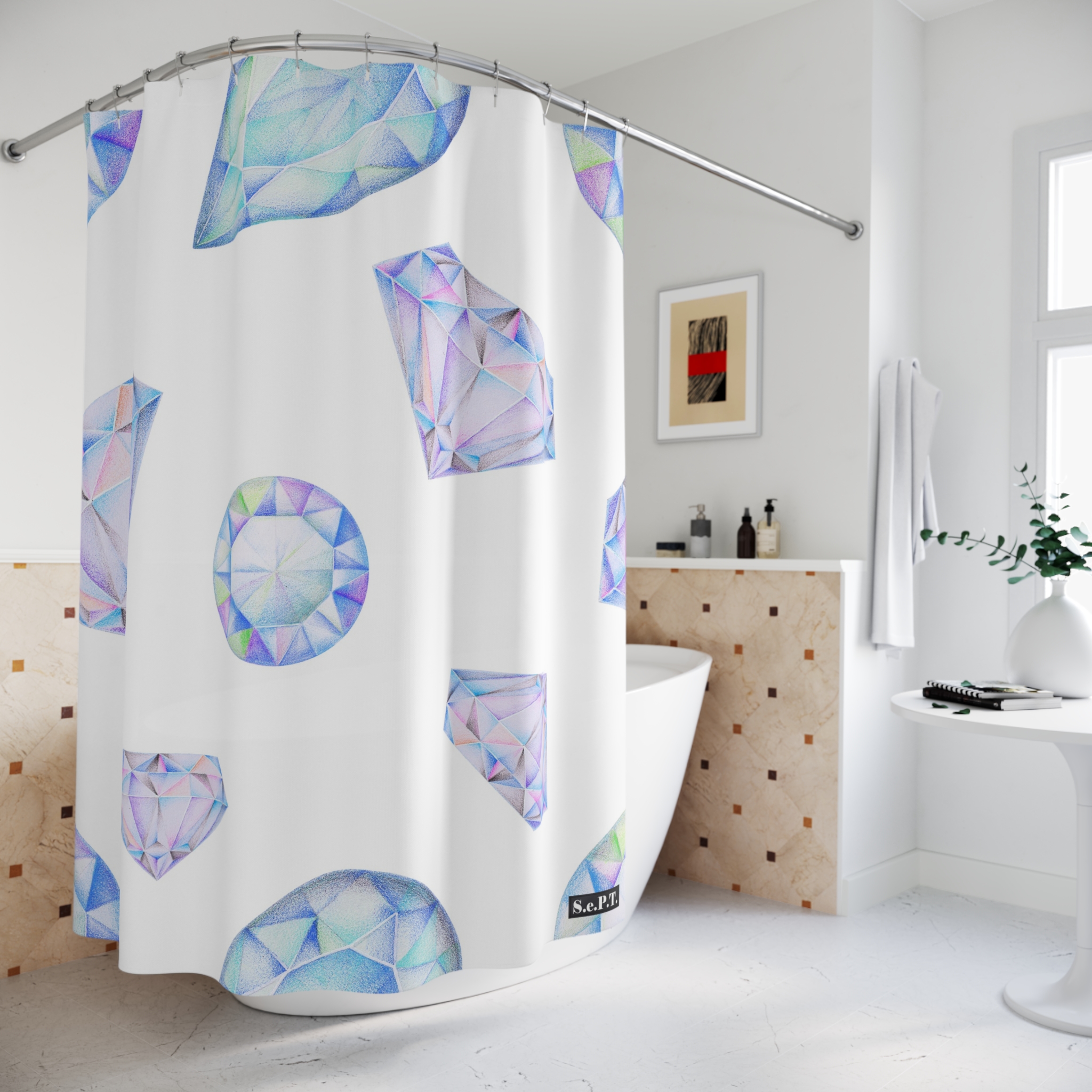 Blue & Purple Gemstone Faceted Crystals (watercolor style) Shower Curtain Option 1 - (S.e.P.T.) - Image 4