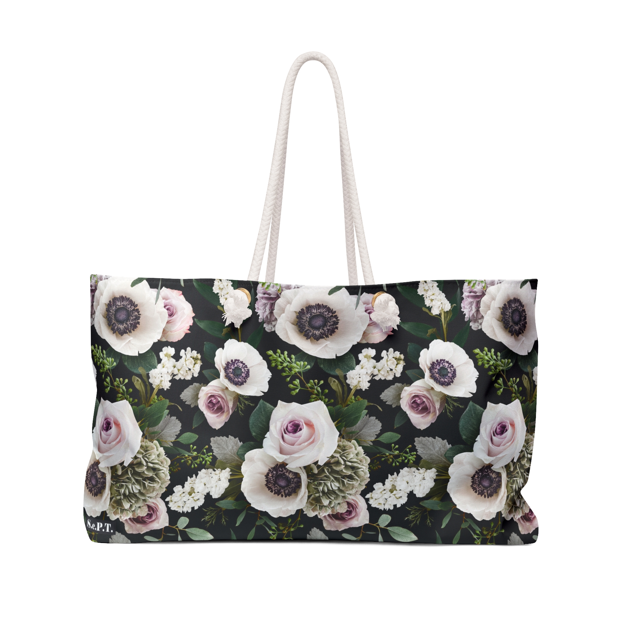 Sophisticated White Moody Floral Print Black Weekender Bag (S.e.P.T.™)