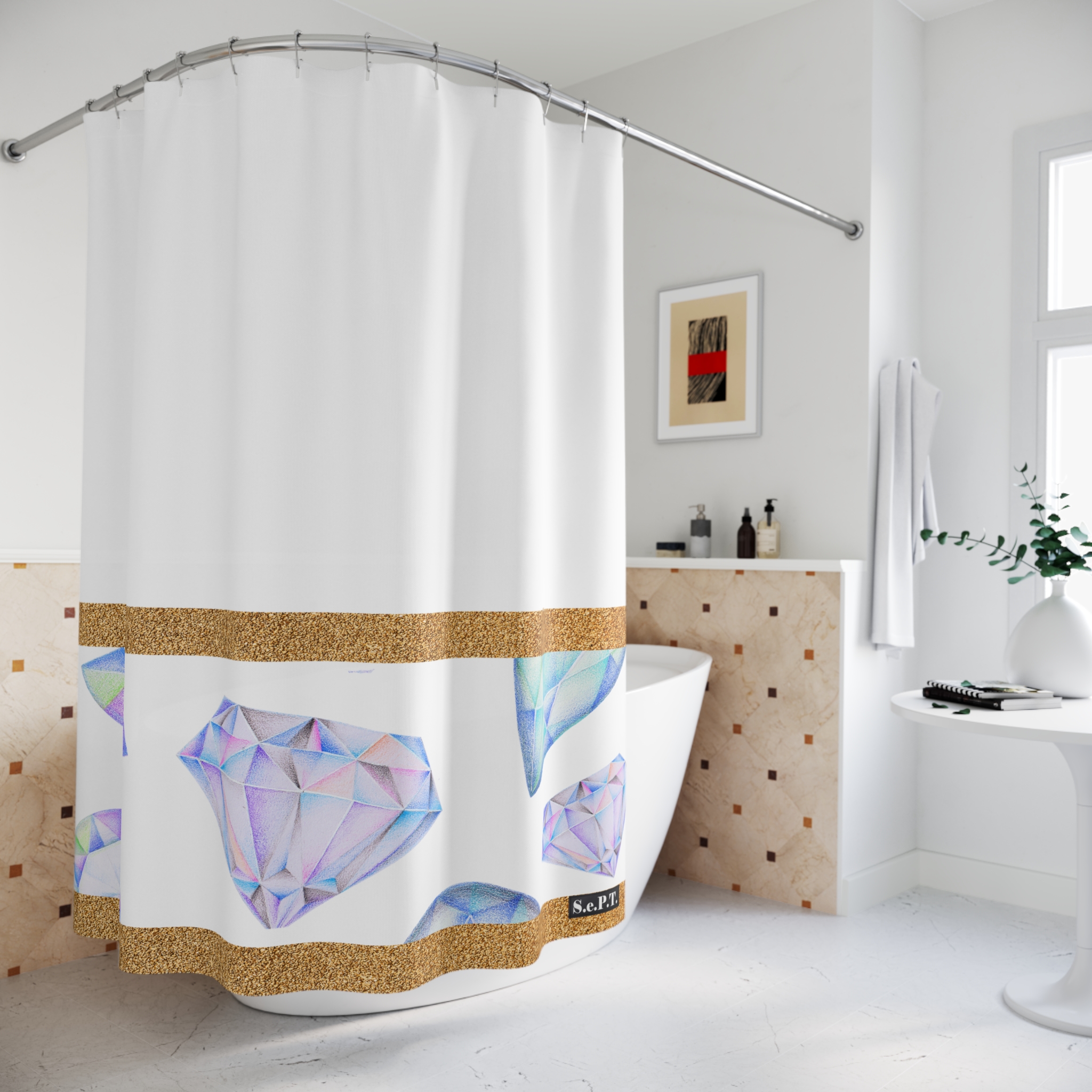 Blue & Purple Gemstone Faceted Crystals (watercolor style) Shower Curtain Option 2 - (S.e.P.T.) - Image 4