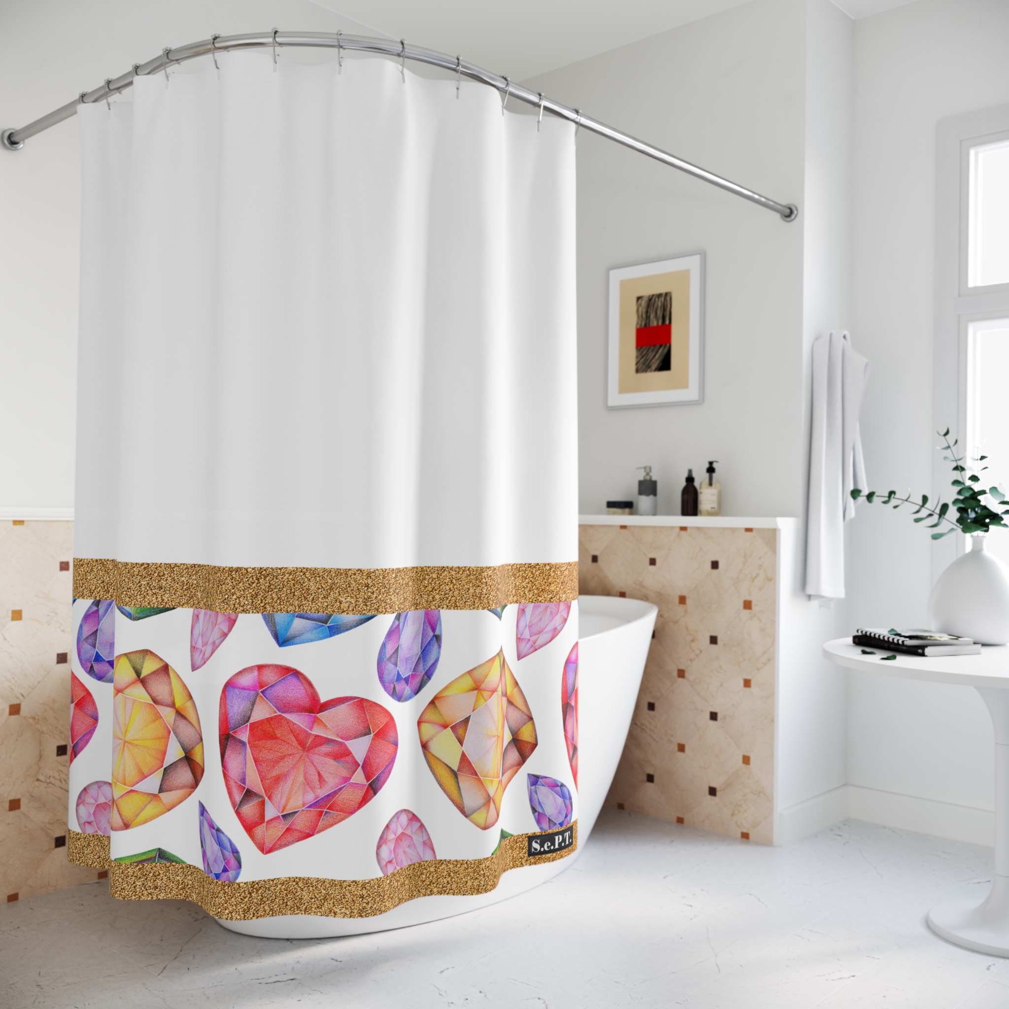 Multi Color Gemstone Faceted Crystals (watercolor style) Shower Curtain Option 2 - (S.e.P.T.) - Image 4
