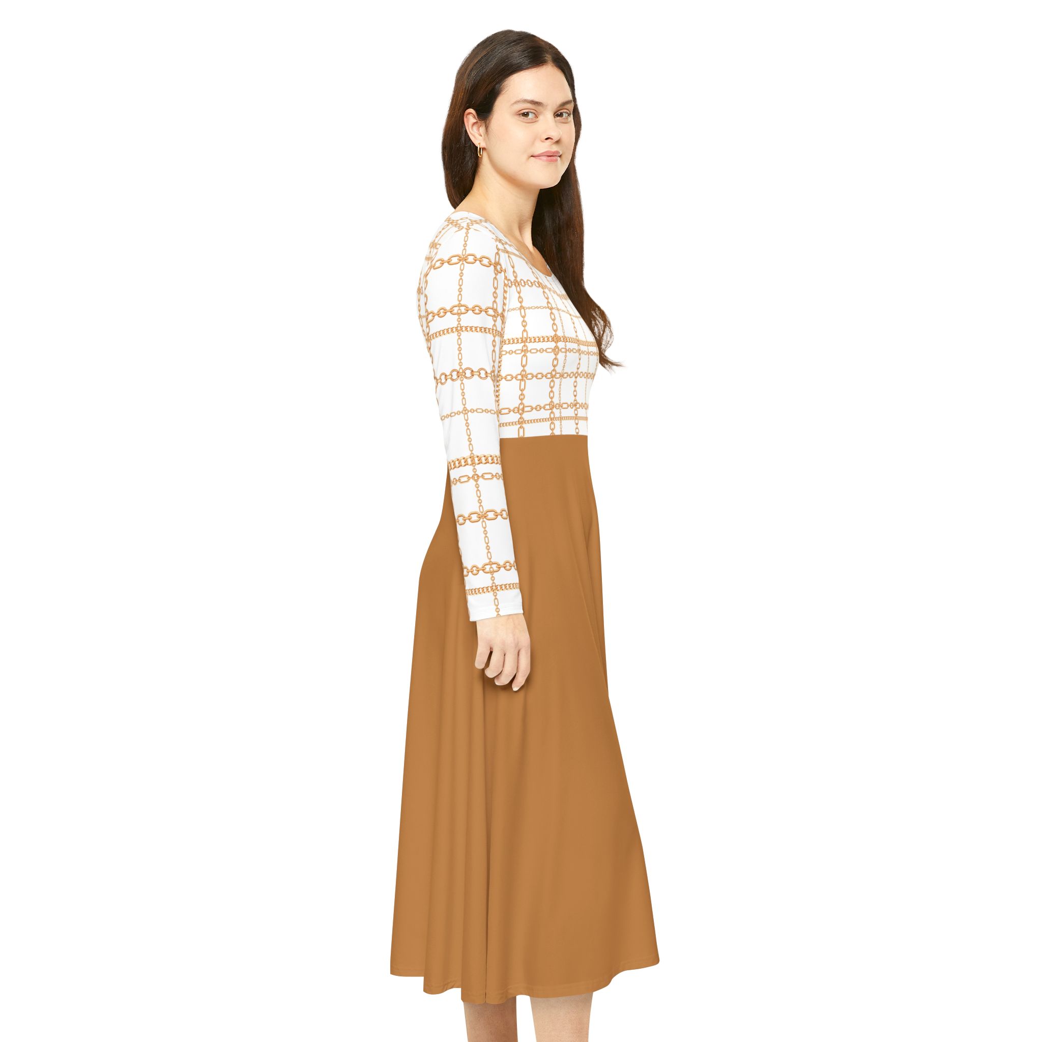 Chic White & Gold Chain Plaid Print Tan Women's Long Sleeve Dress (S.e.P.T.™) - Image 6