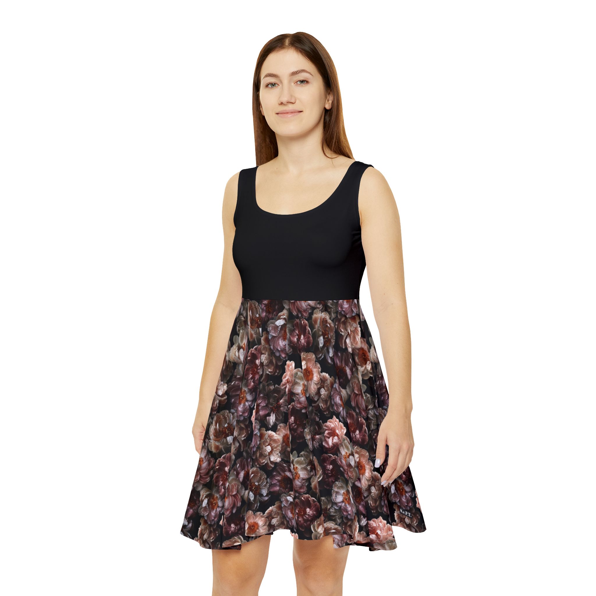 Romantic Antique Rose Botanical Print Black` Women's Skater Dress (S.e.P.T.™)