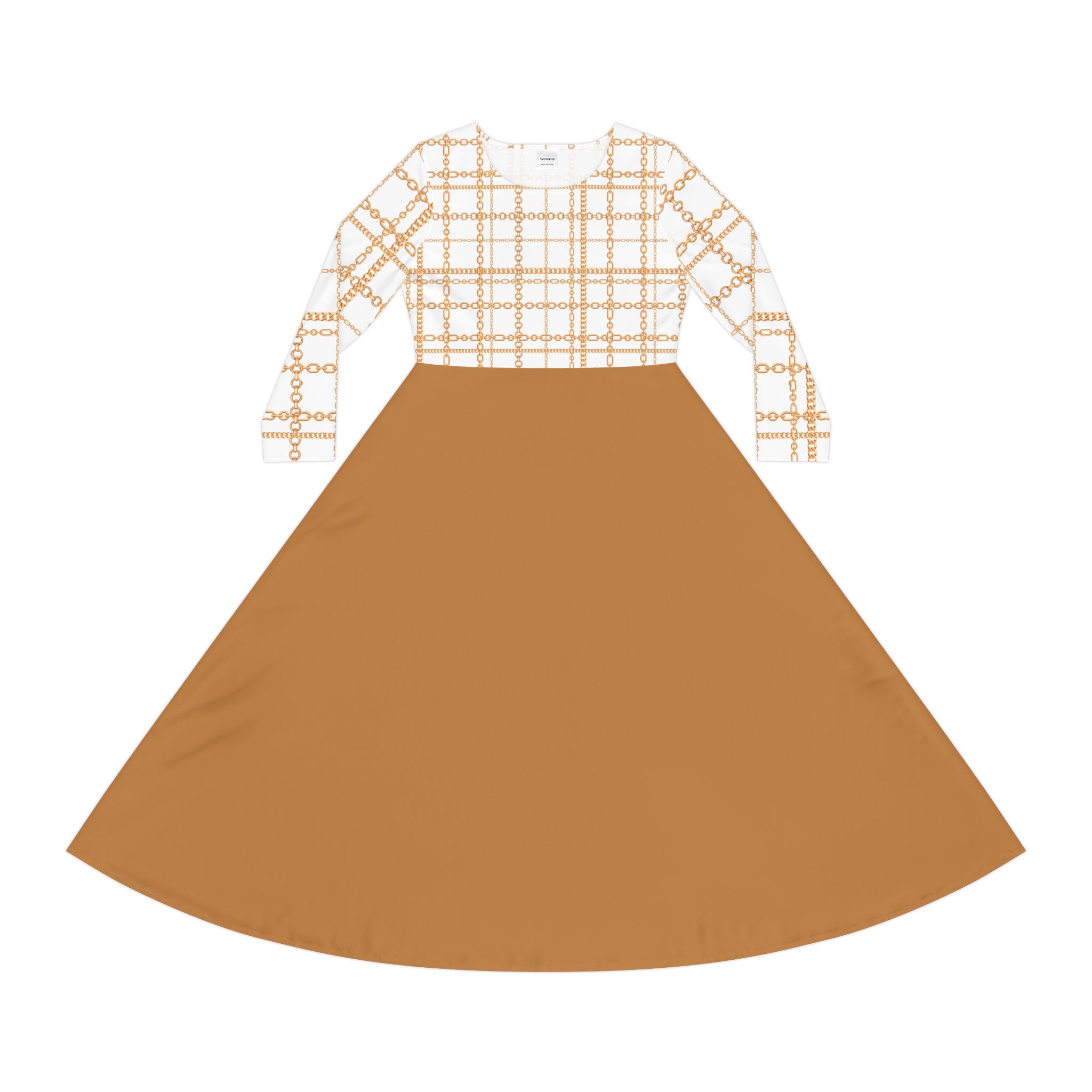 Chic White & Gold Chain Plaid Print Tan Women's Long Sleeve Dress (S.e.P.T.™) - Image 2