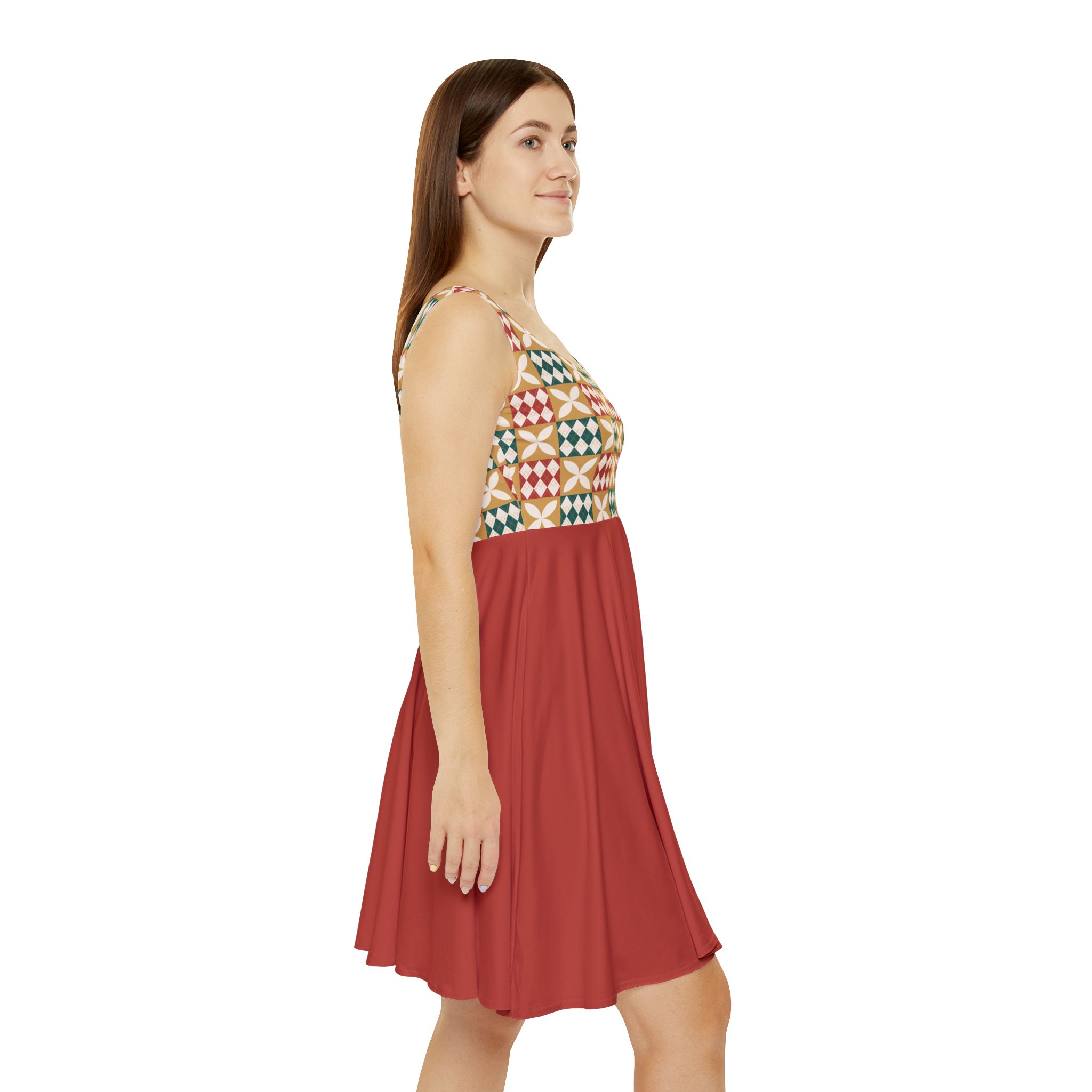 Warm Tones Holiday Harlequin Quilt Pattern Terracotta Women's Skater Dress (S.e.P.T.) - Image 2