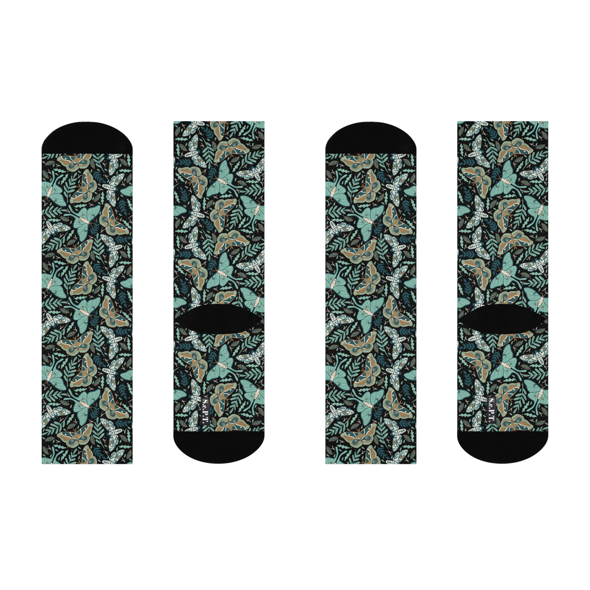 Dark Moody Teal Butterfly & Botanical Print Cushioned Crew Socks (S.e.P.T.™) - Image 4