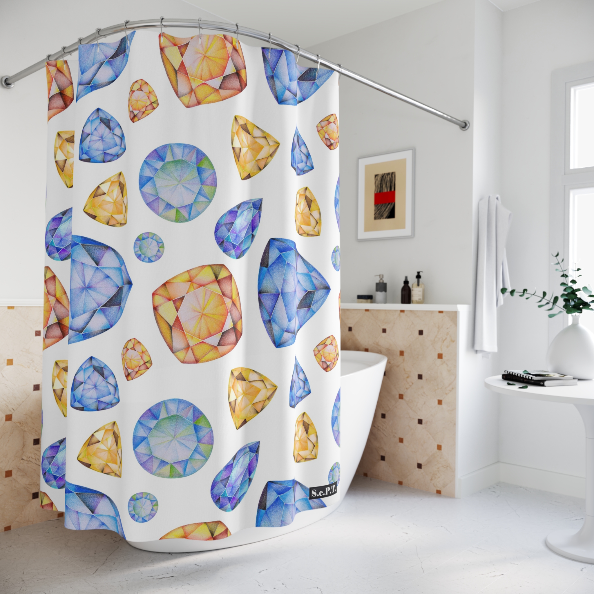 Blue & Golden Yellow Gemstone Faceted Crystals (watercolor style) Shower Curtain Option 1 - (S.e.P.T.) - Image 4