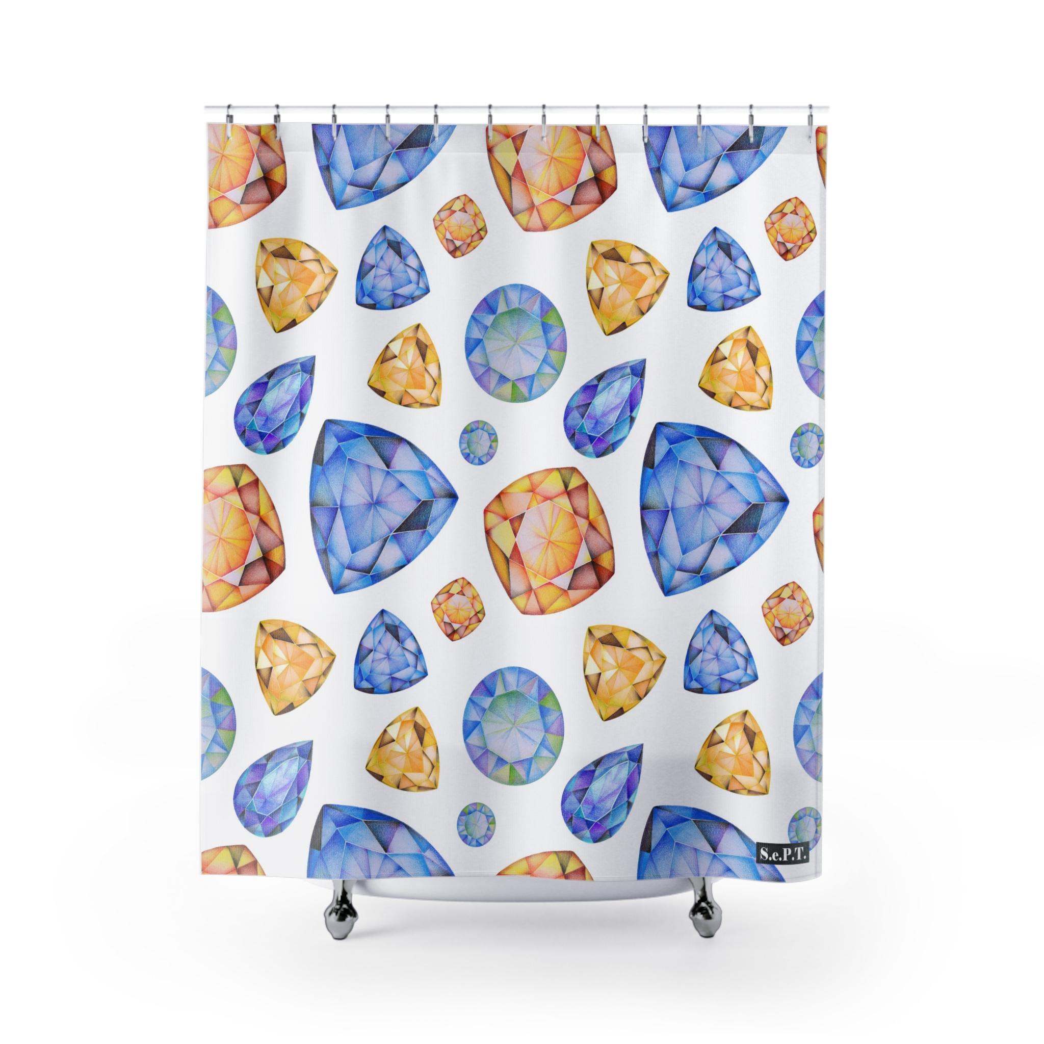 Blue & Golden Yellow Gemstone Faceted Crystals (watercolor style) Shower Curtain Option 1 - (S.e.P.T.)